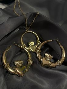 Gold Claddagh Necklace and big Hoop Earrings Set