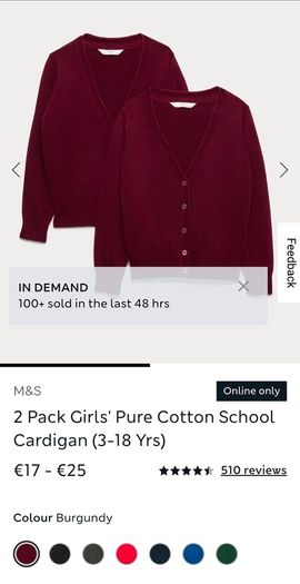 M&S Girls Cotton Rich Burgundy School Cardigan 6-7 Years