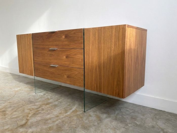 Vintage Mid Century Walnut & Glass Sideboard Scandinavian