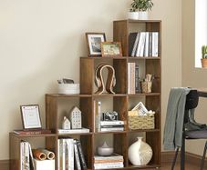 10 Tier Bookcase Open Shelf Storage Cabinet for Decorations, Picture Frame, Living Room, Bedroom, Office, 29 x 129.5 x 129.5 cm, Rustic Brown
