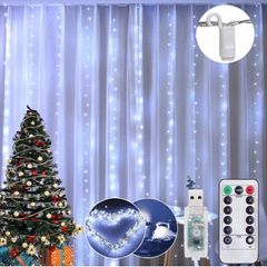 Curtain Lights 8 Modes Remote Control, 300 LEDs Window Fairy String Lights USB Operated, 3mx3m Waterproof Hanging Lights with Hooks, Durable Copper Xmas Lights MULTIPLE COLOURS AVAILABLE (FREE POSTAGE)