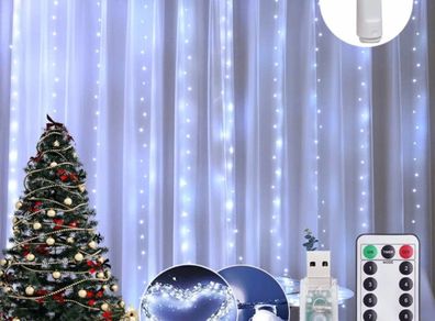 Curtain Lights 8 Modes Remote Control, 300 LEDs Window Fairy String Lights USB Operated, 3mx3m Waterproof Hanging Lights with Hooks, Durable Copper Xmas Lights MULTIPLE COLOURS AVAILABLE (FREE POSTAGE)