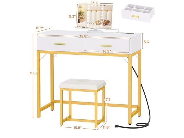 36 Inch Vanity Desk with Mirror and Drawers, Vanity Table and Stool, Dressing Table with Lights and Socket Strip for Bedroom, Gold