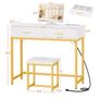 36 Inch Vanity Desk with Mirror and Drawers, Vanity Table and Stool, Dressing Table with Lights and Socket Strip for Bedroom, Gold Image 3