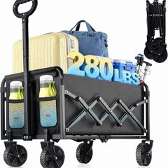 120L Festival Trolley, Beach Trolley Heavy Duty with Adjustable Handle Camping Trolley on Wheels, Foldable Utility Wagon Cart with 2 Cup Holders, Lightweight Pull Along Trolley, Shopping/Garden