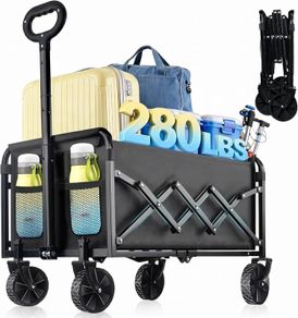 120L Festival Trolley, Beach Trolley Heavy Duty with Adjustable Handle Camping Trolley on Wheels, Foldable Utility Wagon Cart with 2 Cup Holders, Lightweight Pull Along Trolley, Shopping/Garden