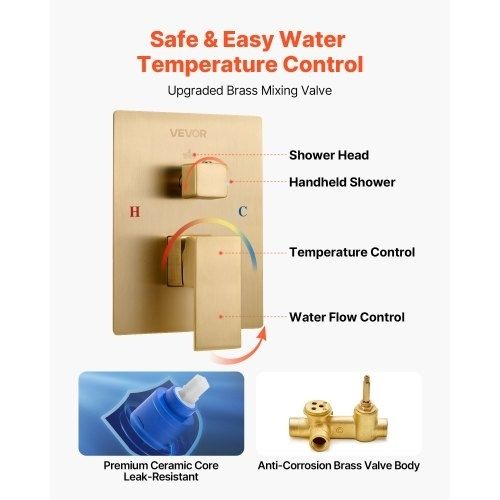 Shower Faucet Set, Rainfall Bathroom Shower System with 10-Inch (25.4cm) Square Rain Shower Head and Handheld Spray, Wall Mounted Bath Fixtures with Brass Valve and Trim Kit, Brushed Gold