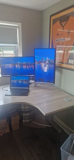 Complete Premium WFH Workstation (Electric Sit-Stand Desk, Dual Screens, Microsoft Dock & Chair)