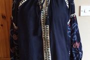 Next Ladies Navy Blue Cotton Linen Blend Boho Embrodierd Tassel Top L Includes postage
