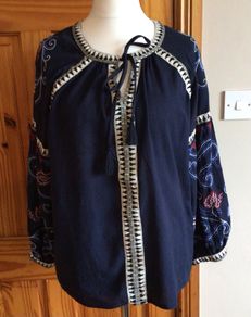 Next Ladies Navy Blue Cotton Linen Blend Boho Embrodierd Tassel Top L Includes postage