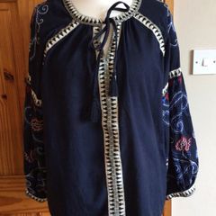 Next Ladies Navy Blue Cotton Linen Blend Boho Embrodierd Tassel Top L Includes postage