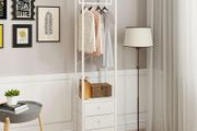 Coat Rack with Non woven Drawer, Freestanding Tall Closet Organizer, Clothes Rack with Rod, Tall Clothes Standing Dresser for Bedroom, Living Room, Entryway, White
