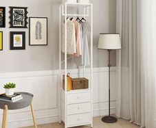 Coat Rack with Non woven Drawer, Freestanding Tall Closet Organizer, Clothes Rack with Rod, Tall Clothes Standing Dresser for Bedroom, Living Room, Entryway, White