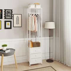 Coat Rack with Non woven Drawer, Freestanding Tall Closet Organizer, Clothes Rack with Rod, Tall Clothes Standing Dresser for Bedroom, Living Room, Entryway, White