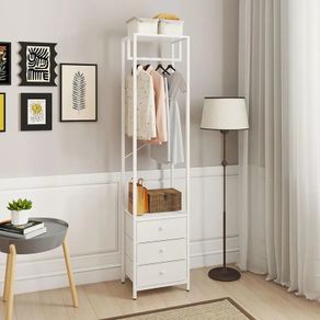 Coat Rack with Non woven Drawer, Freestanding Tall Closet Organizer, Clothes Rack with Rod, Tall Clothes Standing Dresser for Bedroom, Living Room, Entryway, White