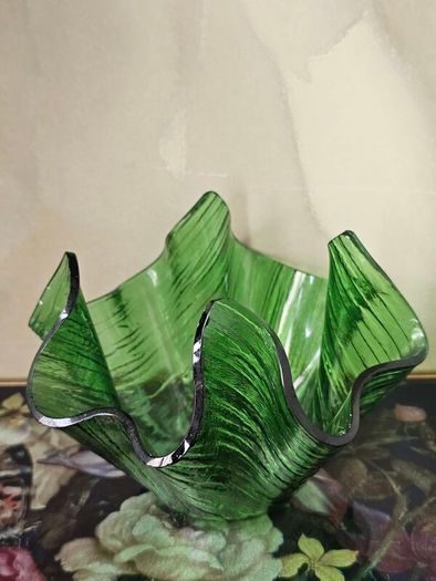 Vintage Green Glass Handkerchief Vase