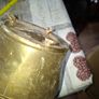 Antique Footed Brass Cachepot Planter features horizontal ribbing near the flared rim and subtle aged patina, Image 3
