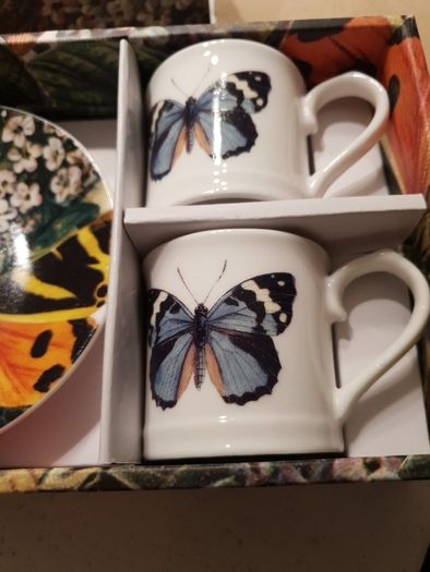 Magpie Biologica Ceramic Butterfly Espresso Set - 2 cups and matching saucers - Brand new