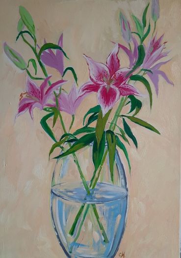 Oil painting pink lilies
