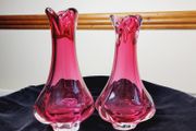 Pair of Vintage Czech Chribska Pink Art Glass Vases Josef Hospodka Bohemian Mid-Century