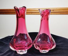 Pair of Vintage Czech Chribska Pink Art Glass Vases Josef Hospodka Bohemian Mid-Century