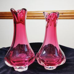 Pair of Vintage Czech Chribska Pink Art Glass Vases Josef Hospodka Bohemian Mid-Century
