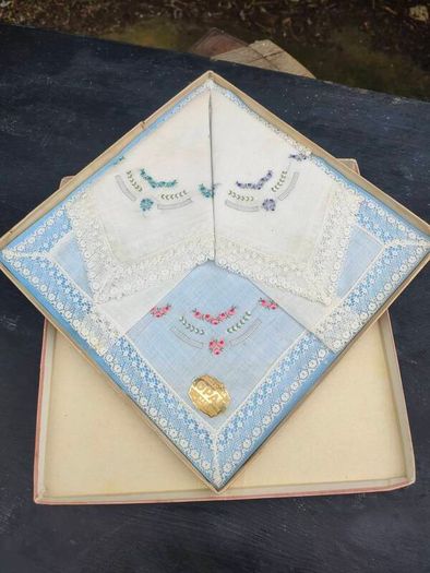 A Pair of Boxed Mid Century Estonia Opal Laced Hankerchiefs