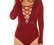 Red/wine deep plunge lace up bodysuit