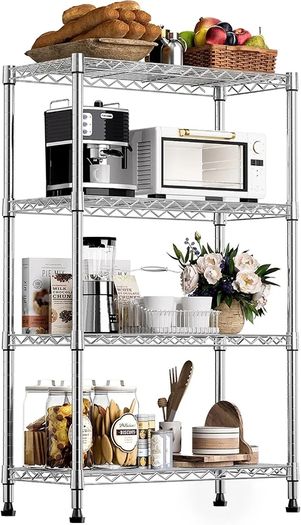 Height Adjustable Shelves,Heavy Duty Wire Pantry Shelving for Tool Sheds, Garage, and Storehouse,Metal,Chrome 4 tier,35 x 60 x 135.8 cm