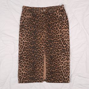 Zara Brown Leopard Print Denim Front Slit Midi Skirt Size M