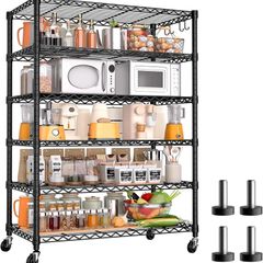 91cm x 46cm x 191cm Wire Storage Shelves with Wheels, NSF Certified 6-shelfs Heavy Duty Adjustable Kitchen Shelving Unit, Pantry Organizer Rack Rolling Metal Shelf for Garage