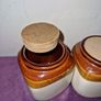 Vintage pair of brown & white jars with cork lid Image 4