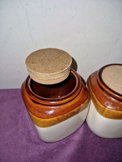 Vintage pair of brown & white jars with cork lid