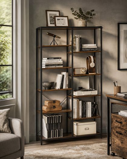 Industrial Bookcase with 10 Shelves Vintage Brown & Black Metal Display Storage Shelf 170cm
