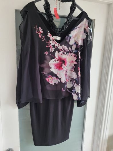 WALLIS Black floral cape layered dress Sz 12