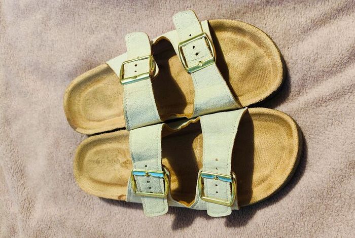 White and cream leather sandals with gold buckles size 40