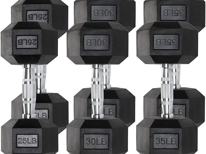 Hex dumbbell pairs 5kg, 10kg, 15kg