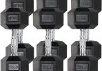 Hex dumbbell pairs 5kg, 10kg, 15kg