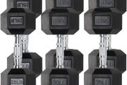 Hex dumbbell pairs 5kg, 10kg, 15kg