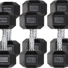 Hex dumbbell pairs 5kg, 10kg, 15kg