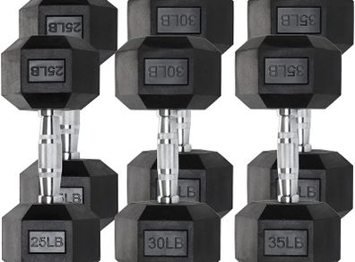 Hex dumbbell pairs 5kg, 10kg, 15kg