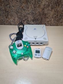 Sega Dreamcast Console With Green Controller Joypad Visual Memory Unit Vmu And Rumble Pack