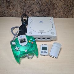Sega Dreamcast Console With Green Controller Joypad Visual Memory Unit Vmu And Rumble Pack