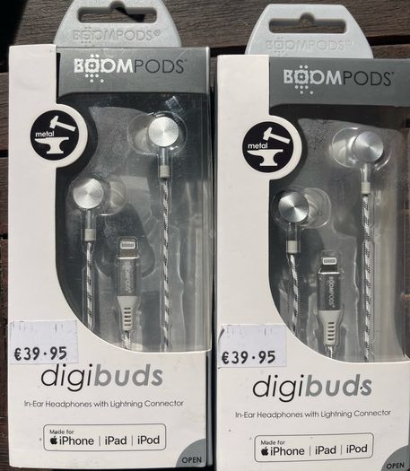 2 Brand new still in box BOOMPODS digibuds in ear headphones with lightning connector. RRP 39.95 each. Price is 35 for both inclusive of registered post charges