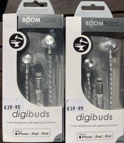 2 Brand new still in box BOOMPODS digibuds in ear headphones with lightning connector. RRP 39.95 each. Price is 35 for both inclusive of registered post charges