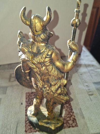 Large Vintage Toy Large Viking Warrior Statue, with a Horned Helmet, a round Shield, and a Spear