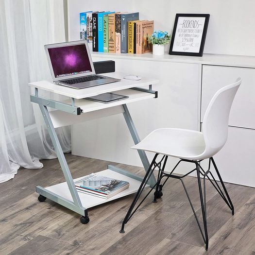 _desk, computer table with 4 castors, 2 of them with brakes, PC table easy-to-use keyboard pull-out, easy assembly, space-saving Z-shaped PC table, white