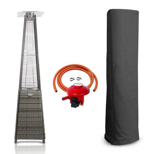 BU-KO Outdoor Patio Gas Heater | Garden, Camp, BBQ Parties | Grey Rattan Pyramid Style 13kw Propane Burner | Portable Wheels, Regulator & Hose | LPG Warm Heating Fire & Water Proof Cover Included