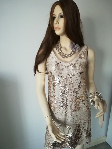 Gold Zara dress size S (10-12) with matching heels and jewellery