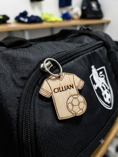 Personalised Football Shirt Keyring - Wooden Name Tag - Bag Tag - Football Gift for Boys or Girls